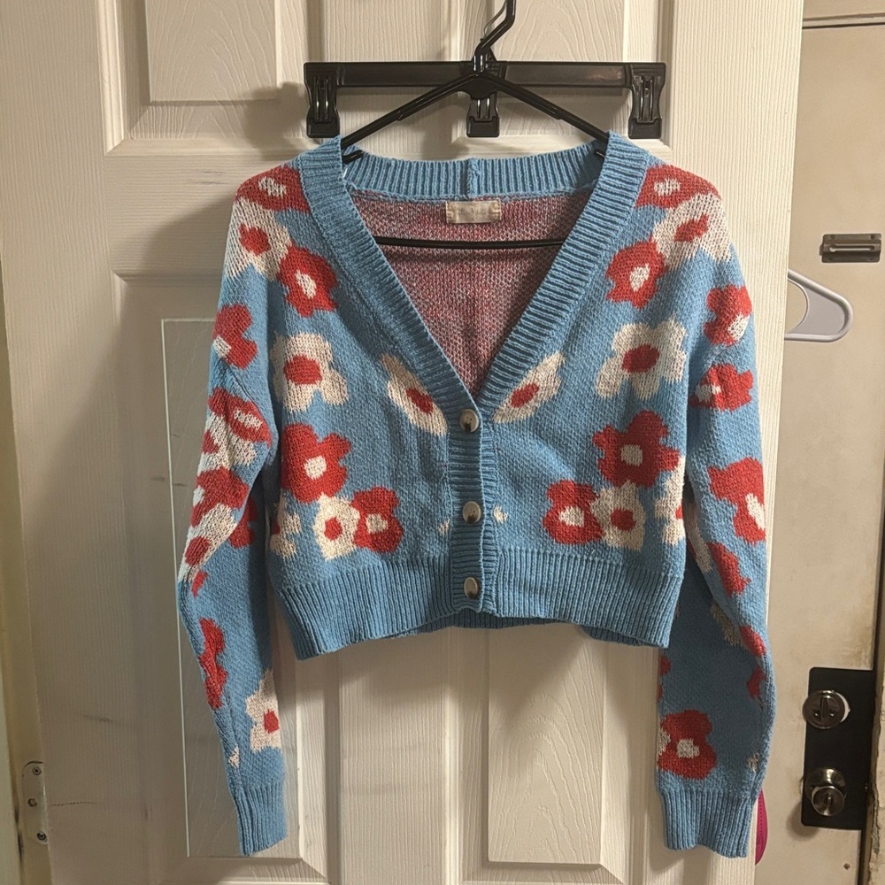 Light Blue Floral Button-Front Women's Cardigan Sweater